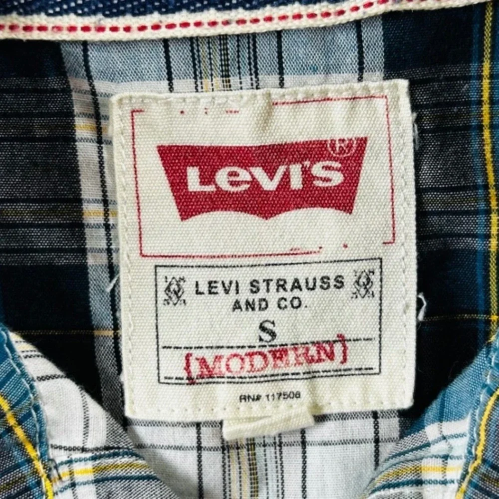 Levis Mens Small Western Pearl Snap Plaid Shirt Black Green White Long Sleeve